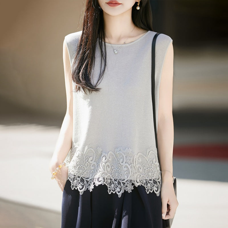 Summer women's cotton-linen round-neck lace-embroidered tank top