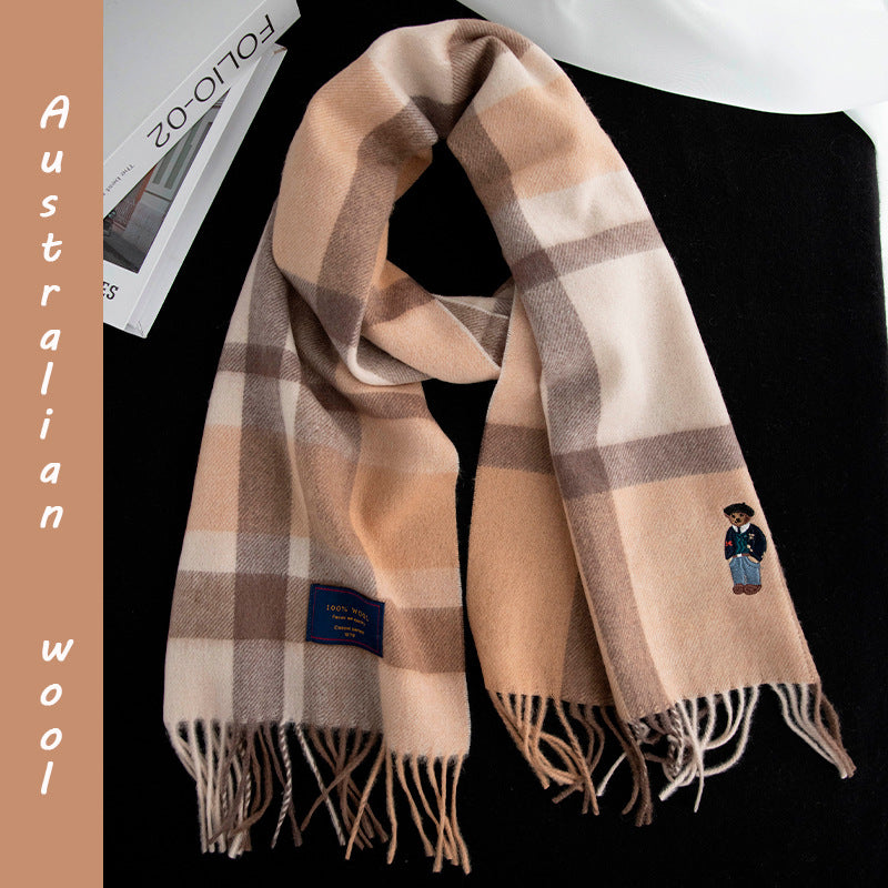 Unisex Pure Wool Embroidered Plaid Scarf
