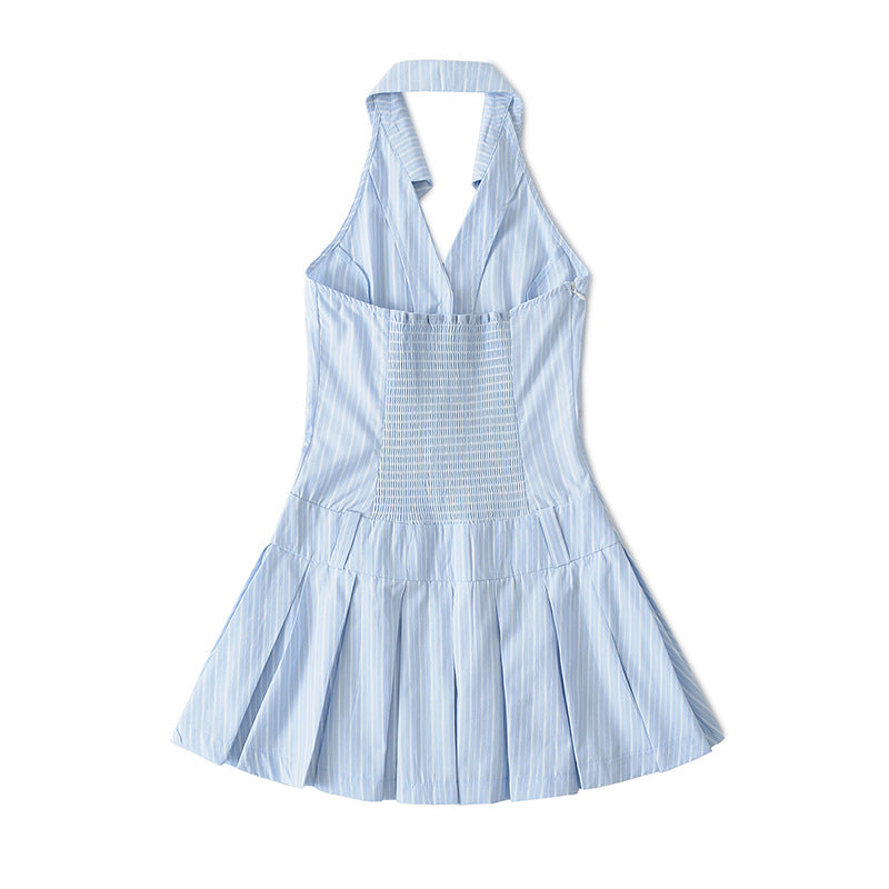 V-Neck Halter Waist-Cinching French Pleated Dress
