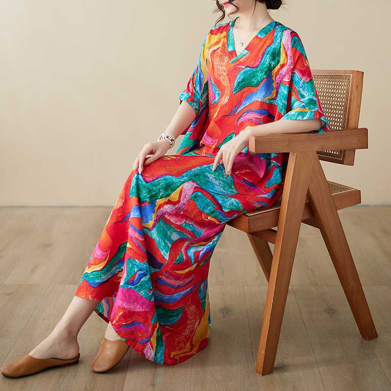 V-neck thin cotton and linen plus size loose artistic holiday style beach dress retro meat covering long robe
