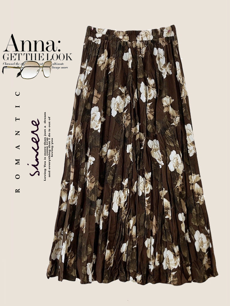 Vintage Floral Pleated Skirt Women Casual Midi Dress