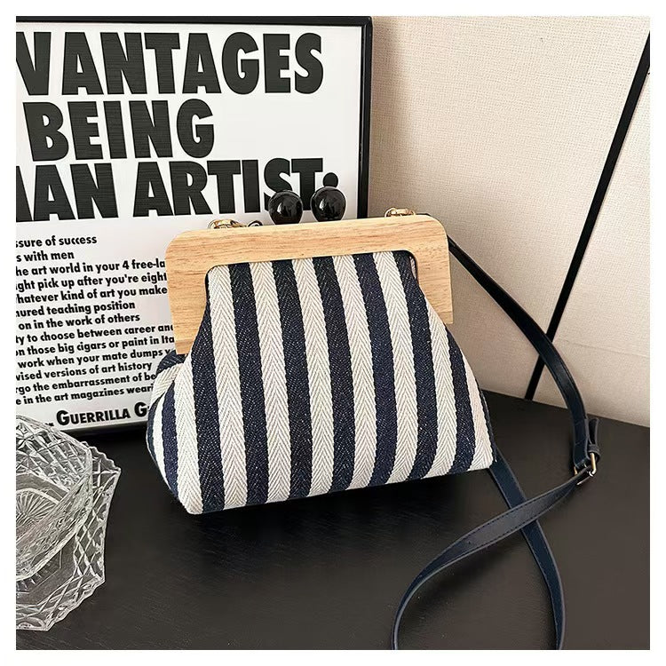 Vintage Striped Wooden Clip Canvas Shoulder Bag