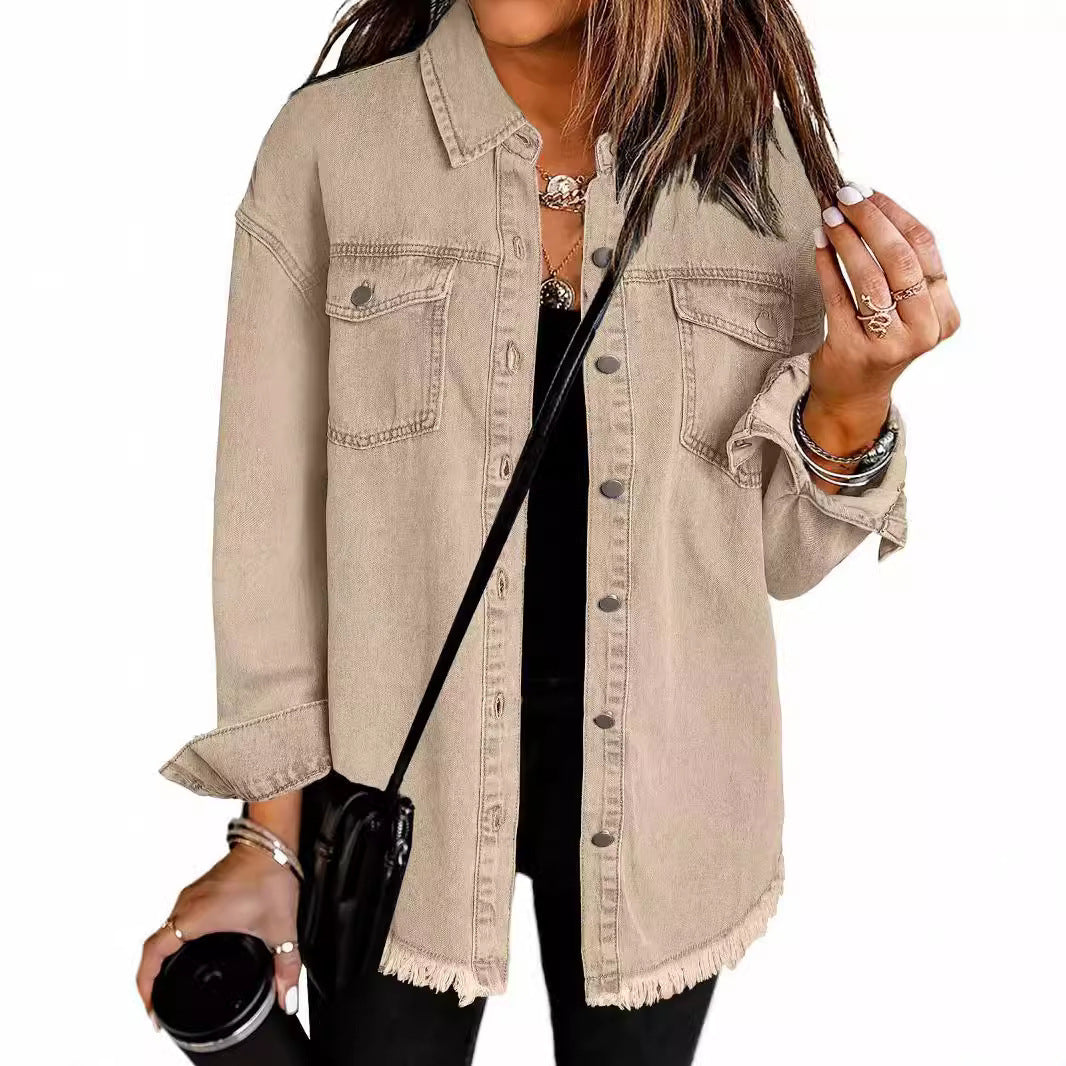Washed Denim Shirt Jacket with Frayed Hem