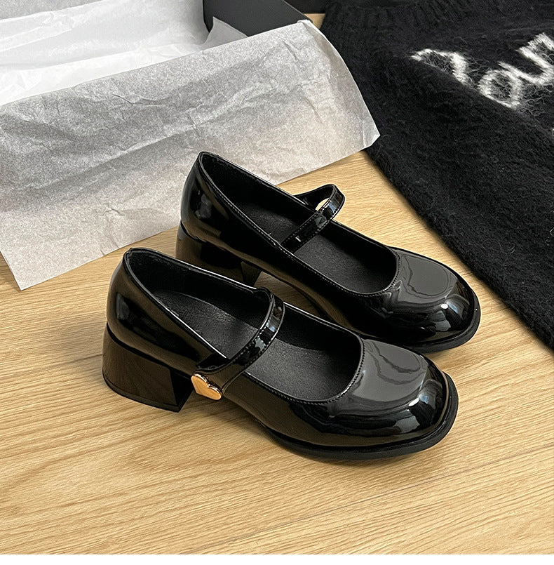 Women Casual Red Round Toe Thick Heel Mary Jane Shoes