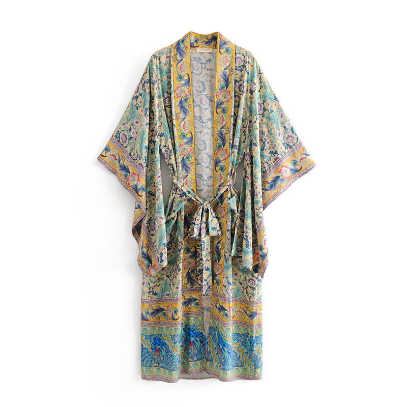 Women's Bohemian Print Lace-Up Robe Coat