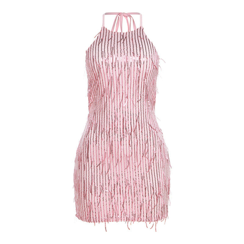 Women's Fashion Neck Backless Sequin Tassel Dress