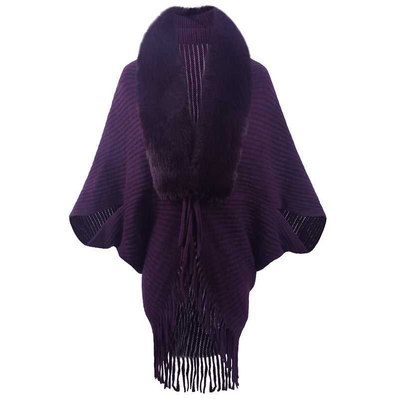 Women's Knitted Fur Collar Tassel Cape Coat