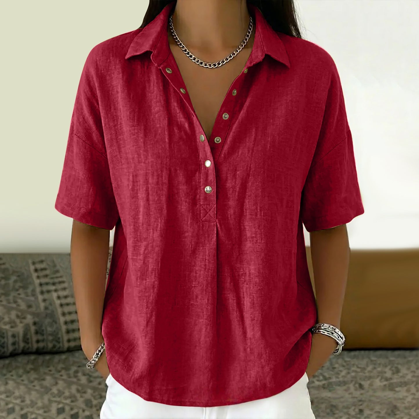 Women's Loose Fit Lapel Short Sleeve Shirt