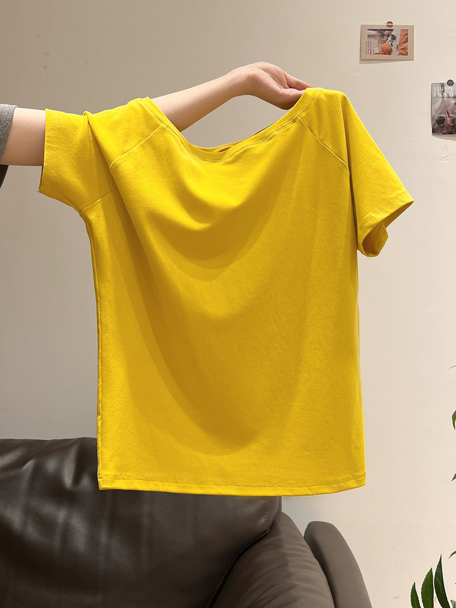 Women's Off-the-Shoulder Loose Solid Color Short-Sleeve T-Shirt