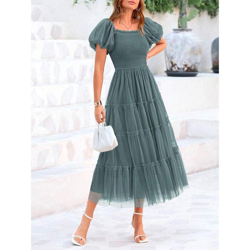 Women's Pleated Tulle Dress with Puff Sleeves