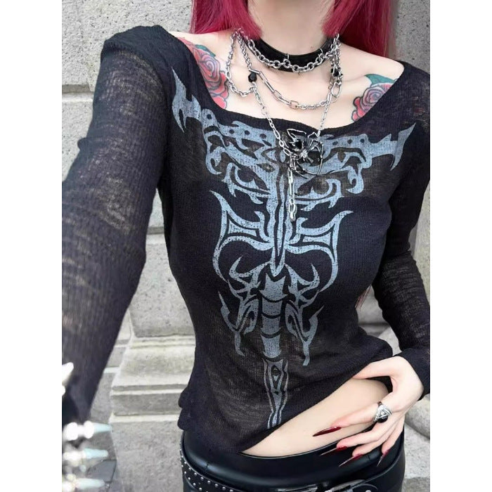 Women's Punk Retro Cut-Out Long Sleeve T-Shirt