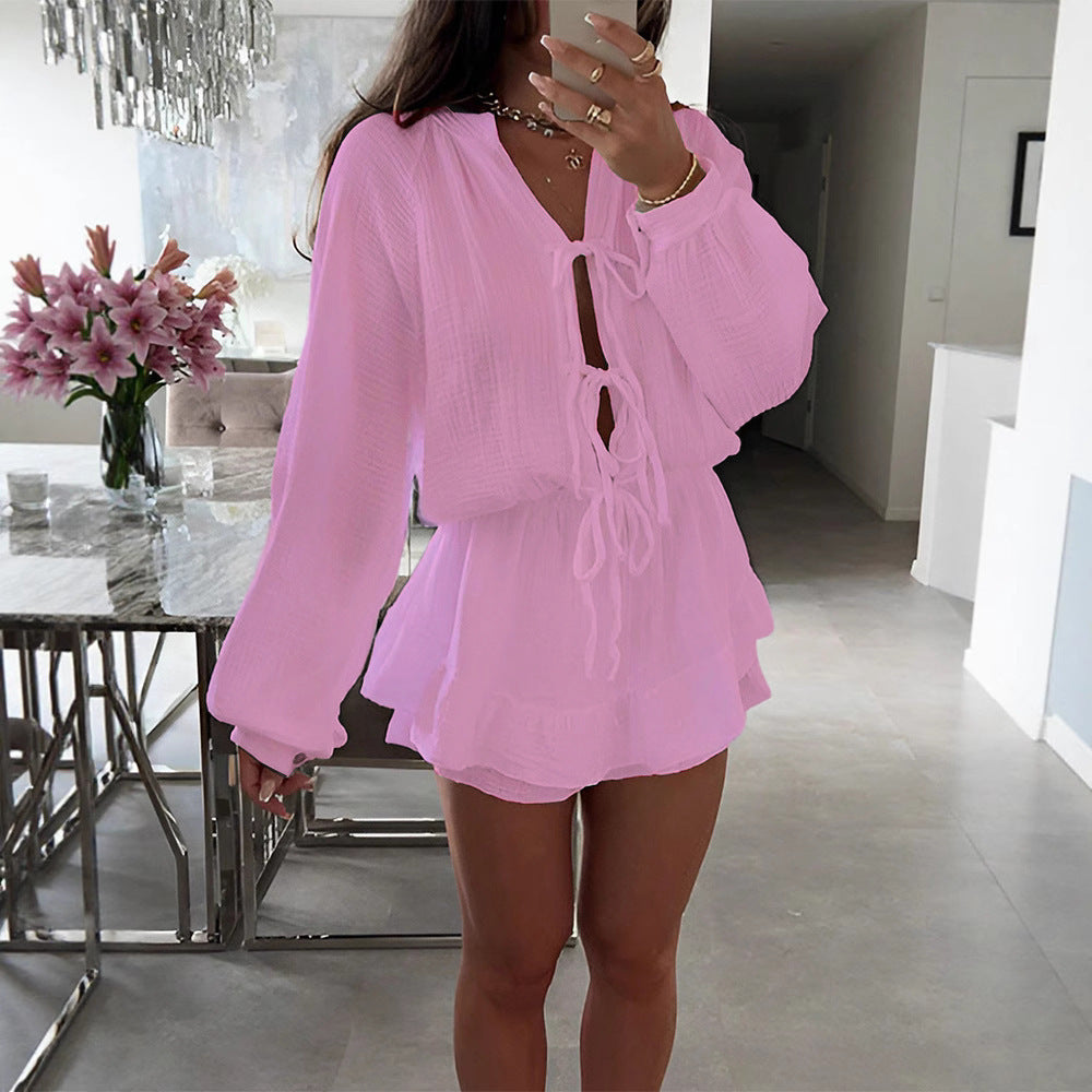 Women's round-neck lantern-sleeved dress