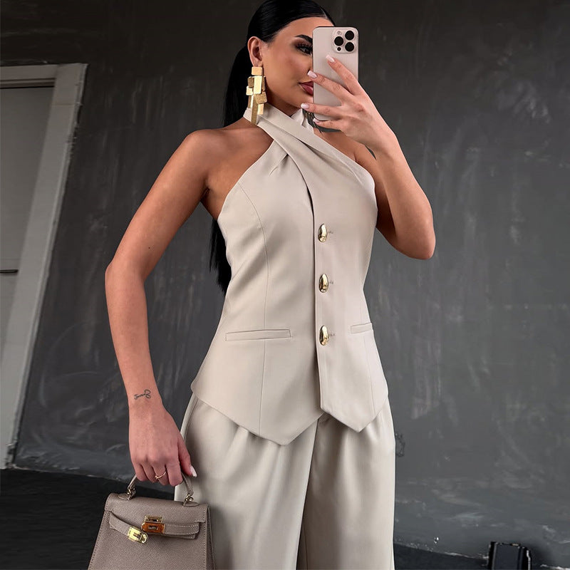 Women's Sleeveless Vest and High Waist Trousers Casual Suit