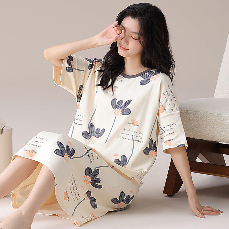 Women's Summer Cotton Short Sleeve Nightdress Casual Pajamas Home Wear