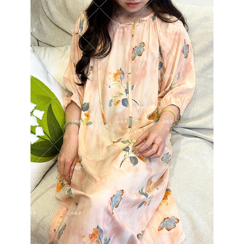 Women's Summer Cotton Silk Nightgown Dress with Belt, Korean Style