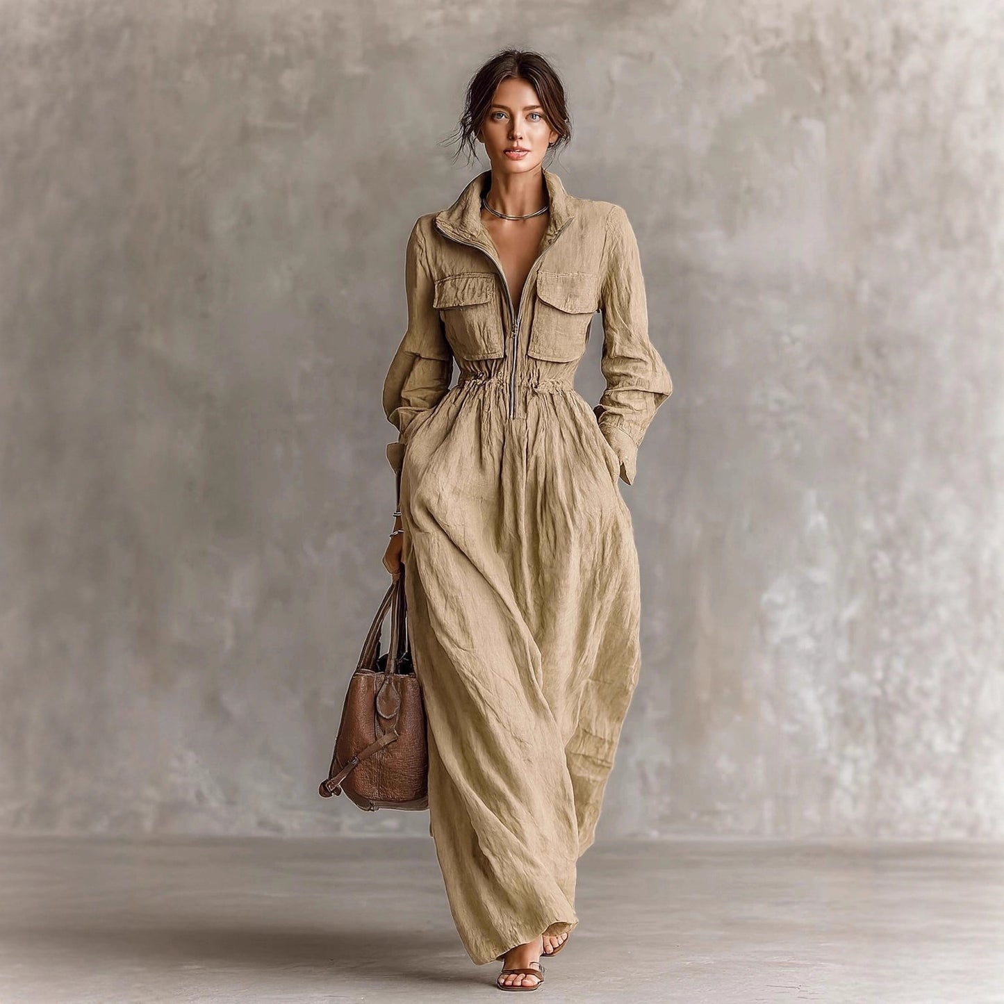 Women's Zip-Up Lapel Long Dress