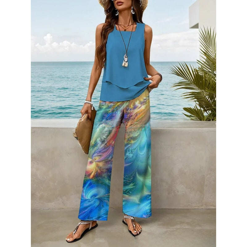 Women Sleeveless Floral Print Vest and Pants Set