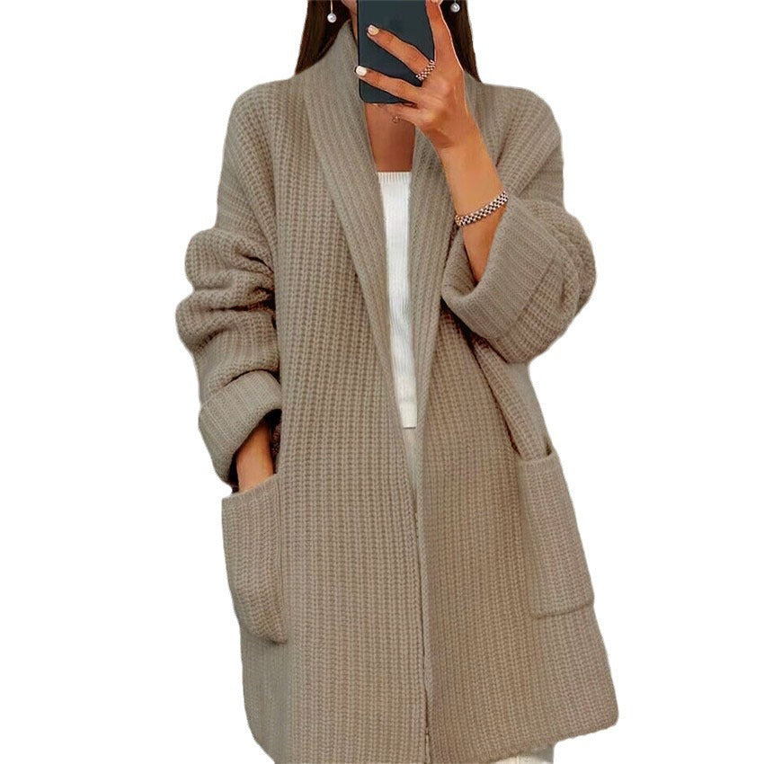 Women Thick V-Neck Knitted Cardigan Solid Color Loose Pocket Sweater Jacket