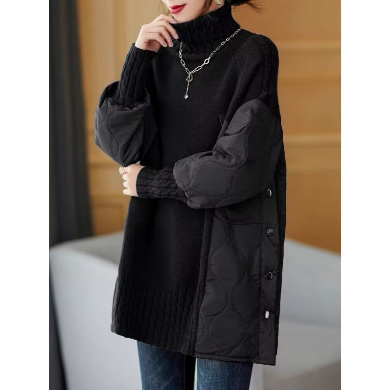 Womens Coffee-Colored Patchwork Turtleneck Sweater