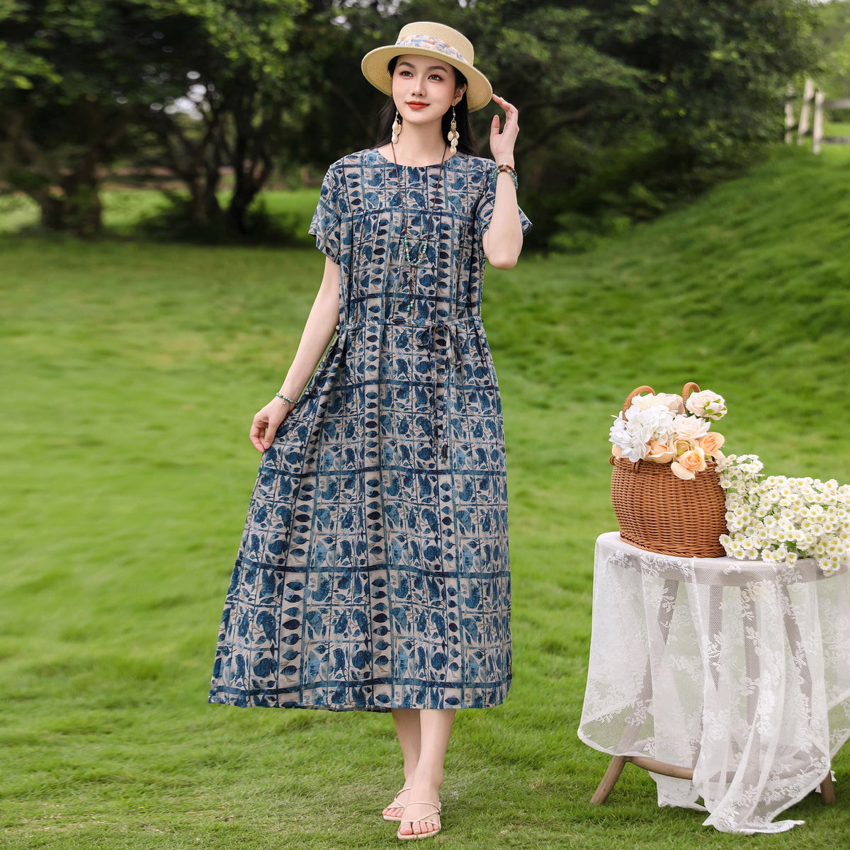 Womens Cotton Linen Summer Dress
