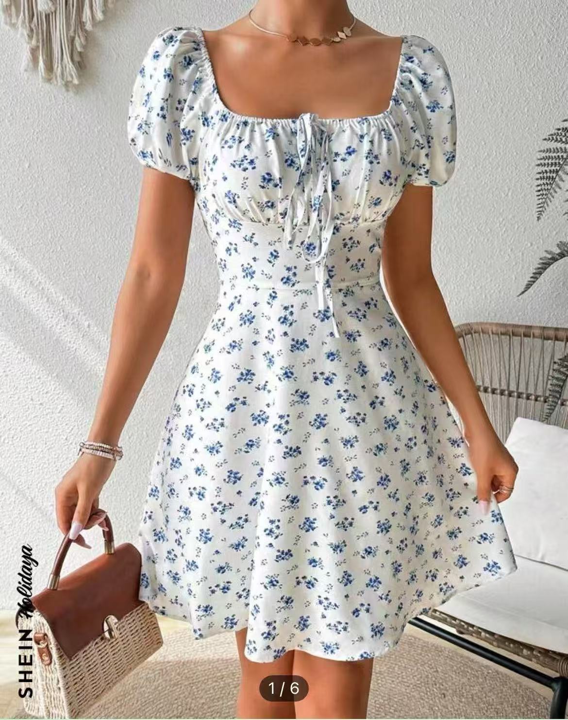 Womens Floral Print Puff Sleeve Dress