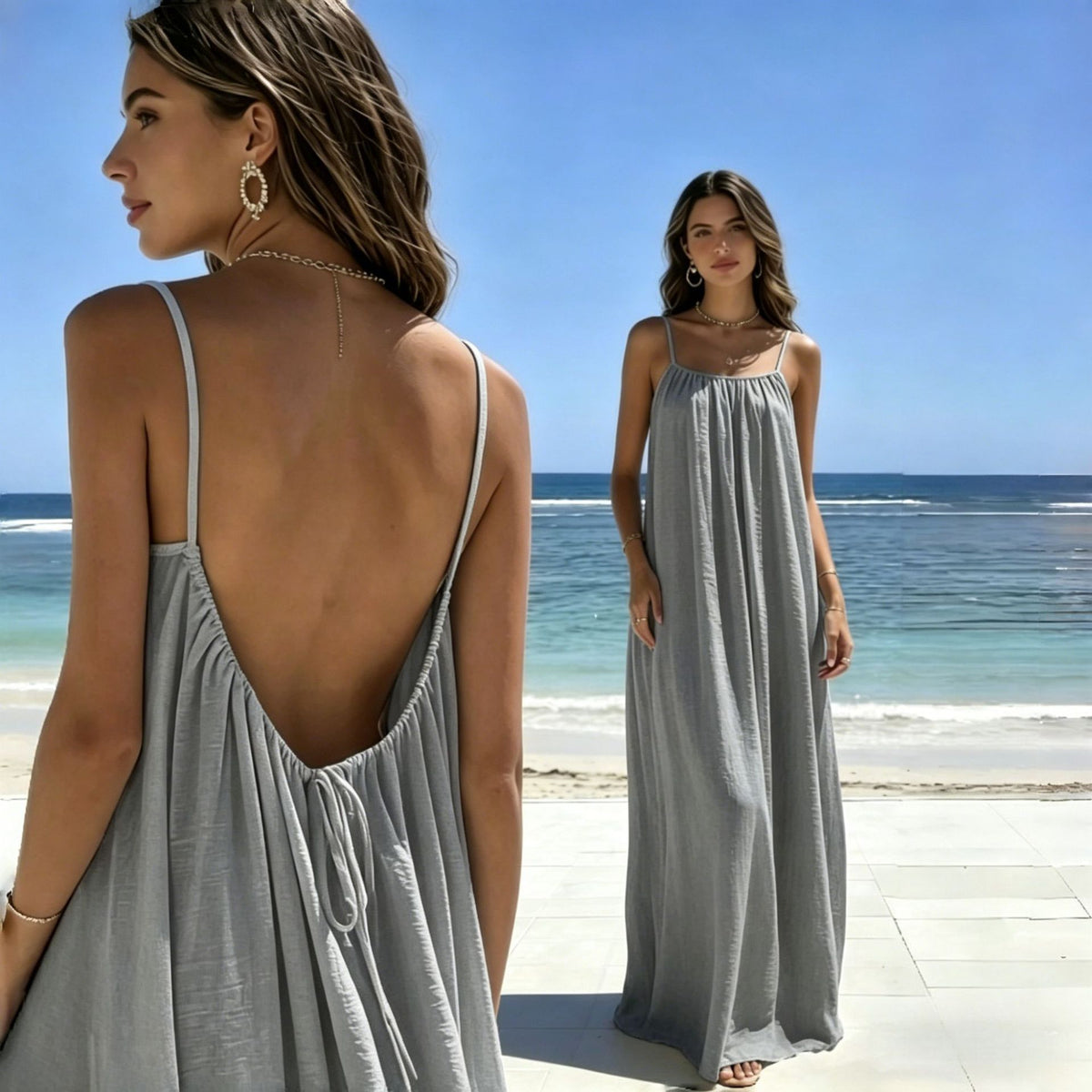 Womens Loose Fit Sleeveless Tie Neck Long Dress