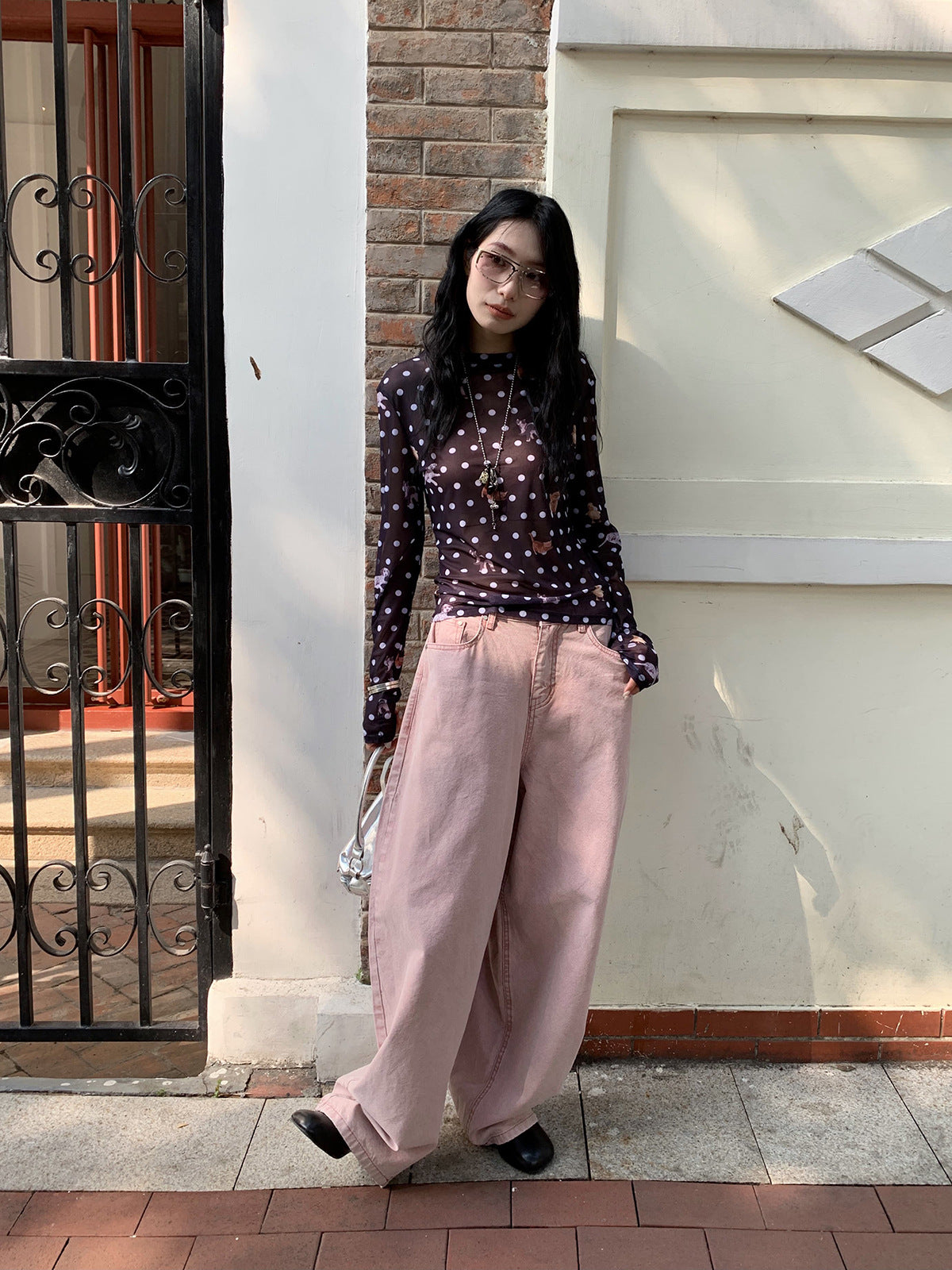 Womens Loose Wide-Leg Denim Pants with Heart Pocket