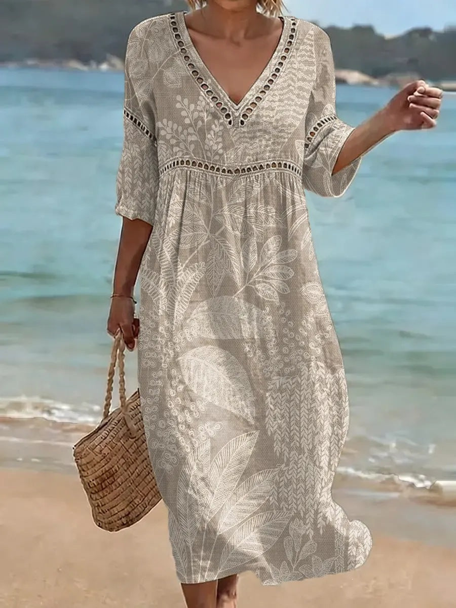 Womens Plus Size V-Neck Dress Digital Print A-Line Midi Dress