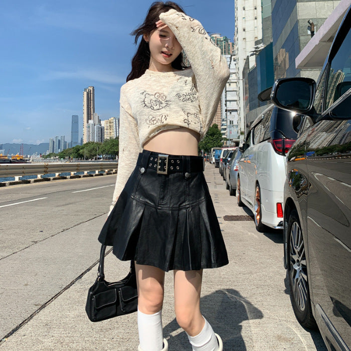 Womens PU Leather A-Line Skirt with Belt