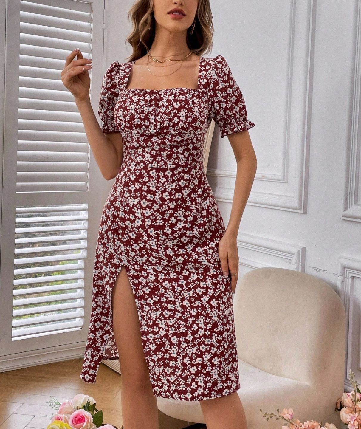 Womens Puff Sleeve Floral Dress