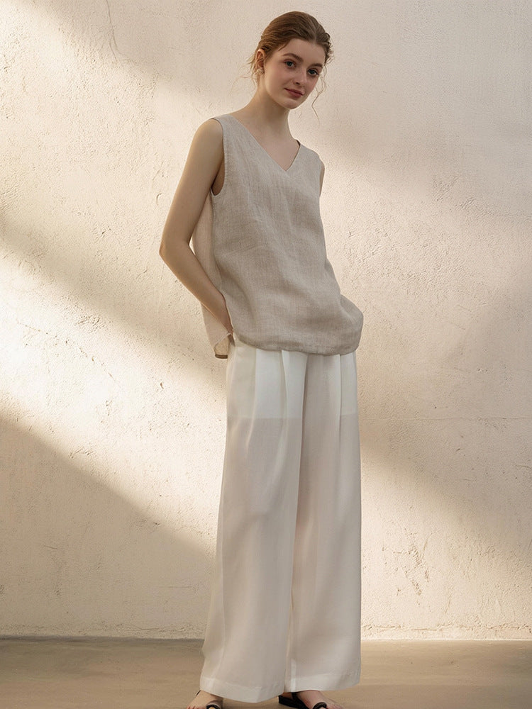 Womens Pure Linen V Neck Sleeveless Vest