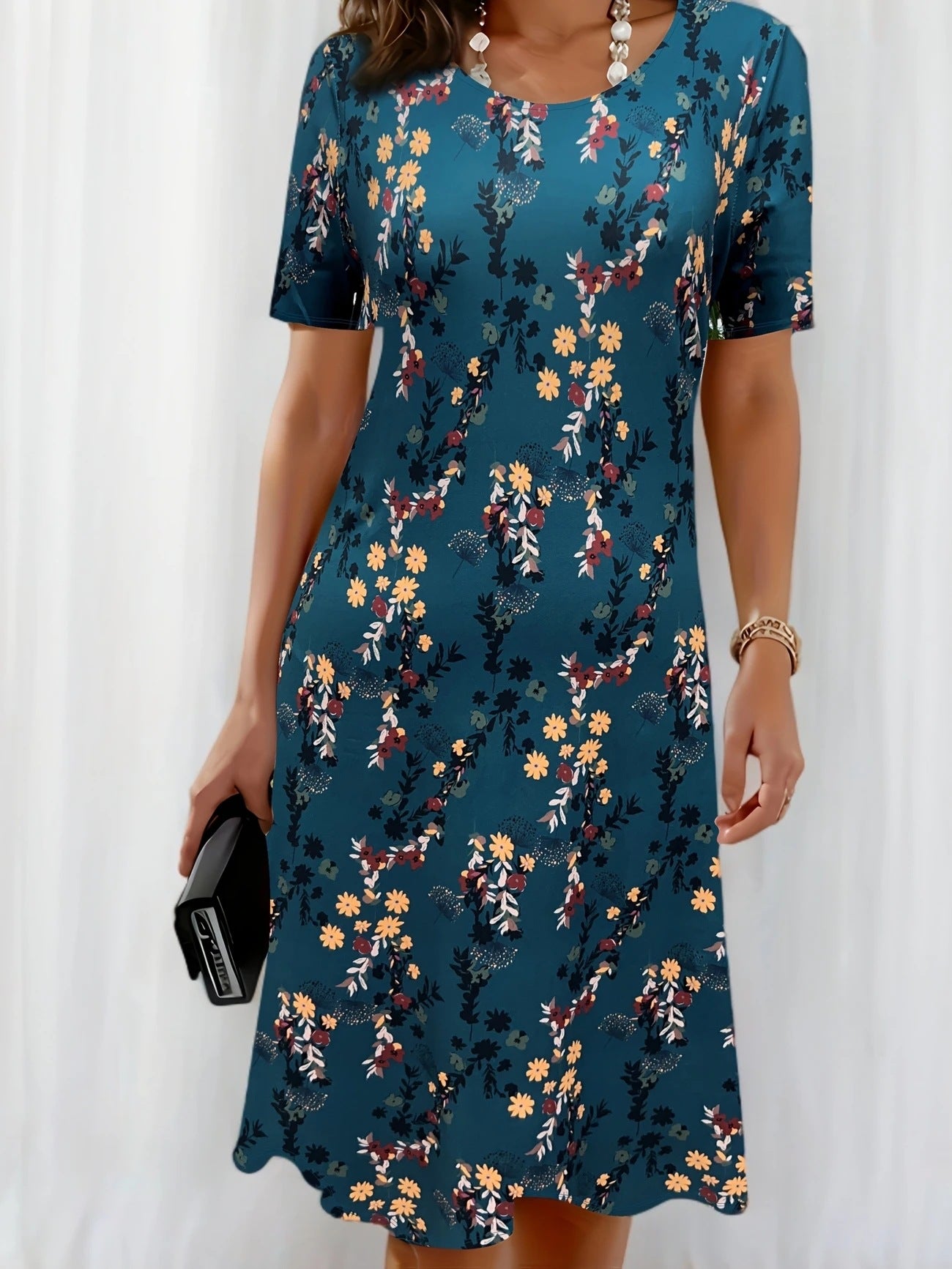 Womens Summer Printed Crewneck Short Sleeve A-Line Dress