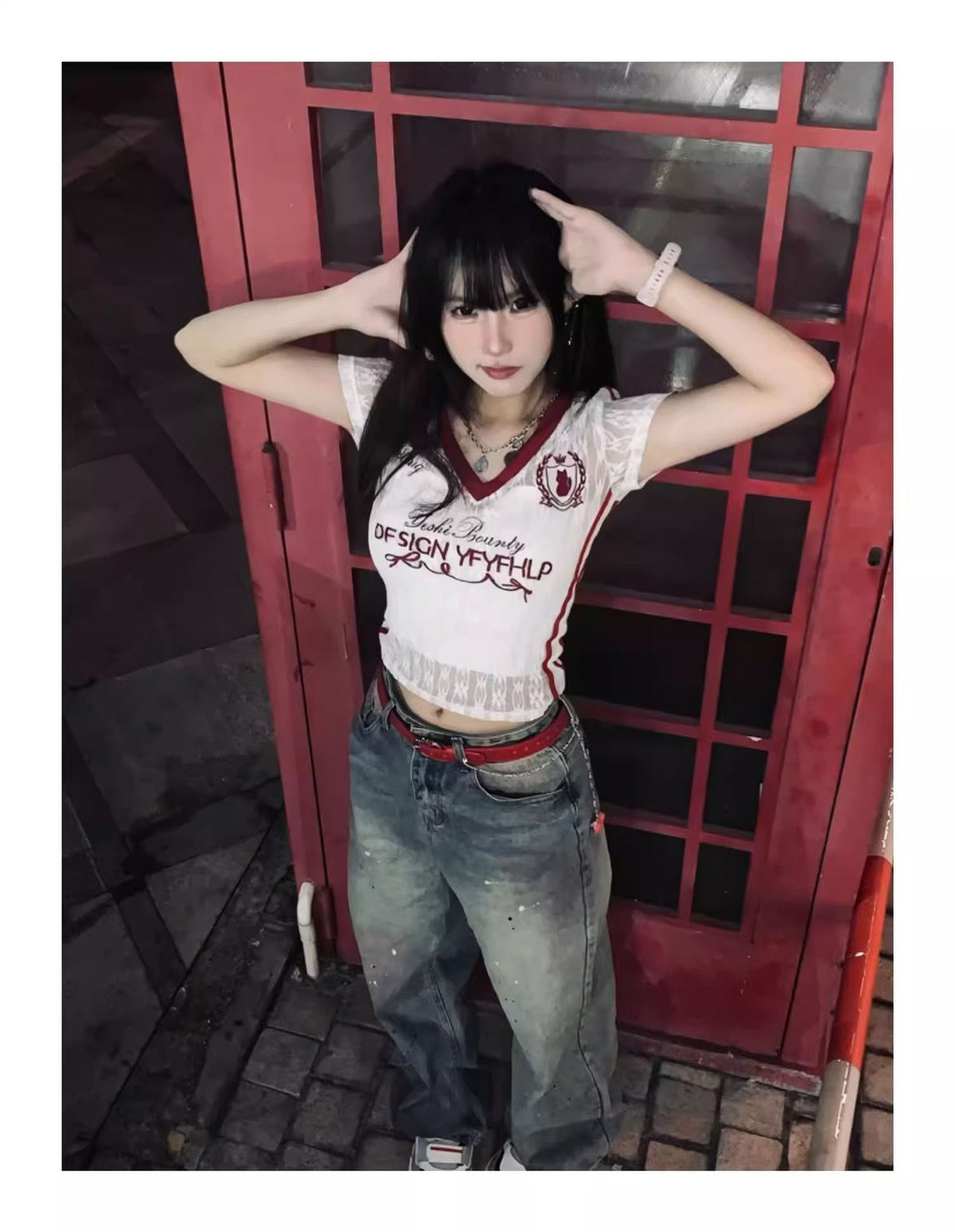 Womens V-Neck Lace Trim T-Shirt