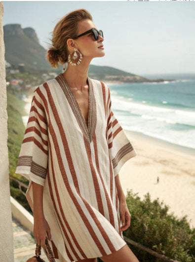 Womens V-Neck Striped Dress Loose Beach Casual Summer Dress