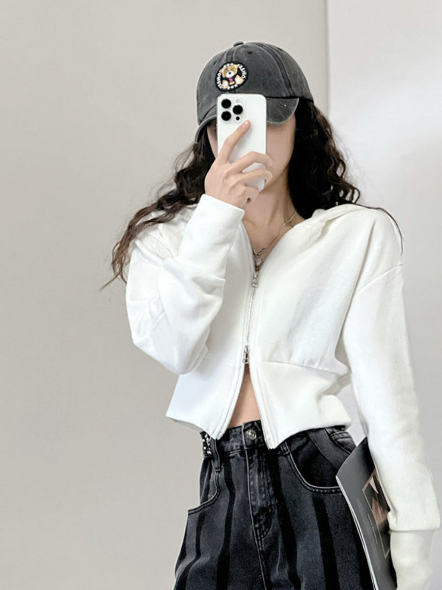 Womens Vintage Hooded Double Zipper High Waist Jacket