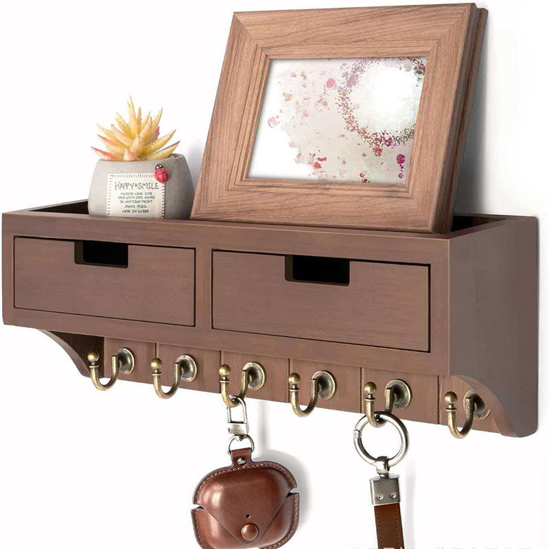 Wooden Entryway Organizer with Drawer and Key Hooks