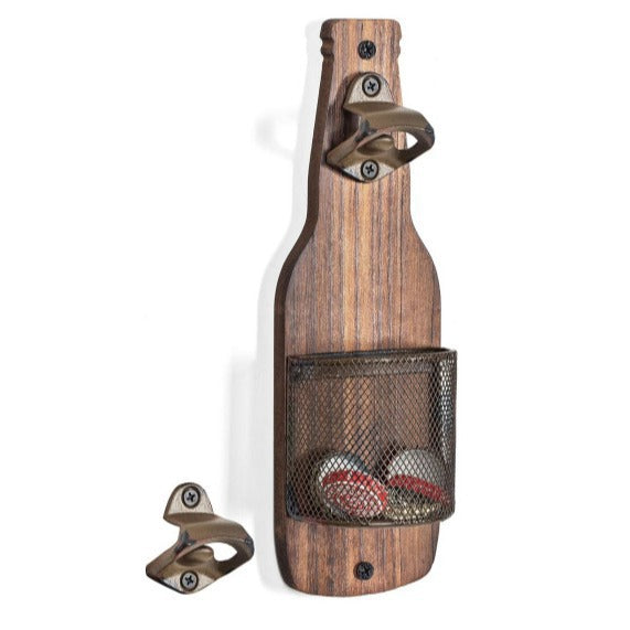 Wooden Wall Mounted Bottle Opener with Cap Storage Basket
