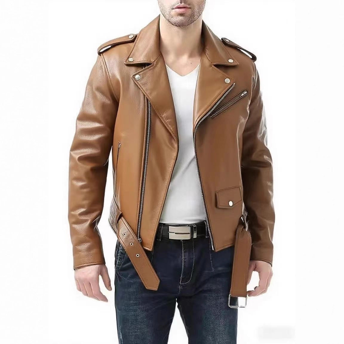 Buy Stylish Slim-Fit Mens PU Leather Jacket with Zipper Online