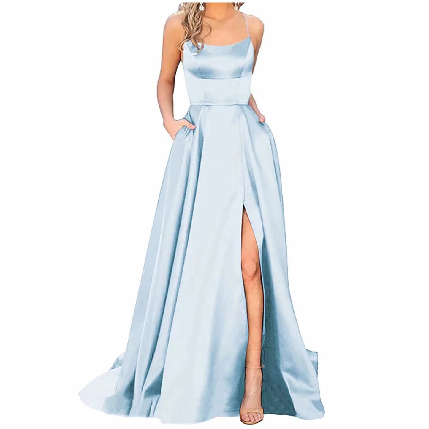 Solid Color Long Slimming Shoulder Hollow Bridesmaid Dress