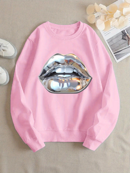 Buy Women’s Cartoon Silver Lip-Printed Sweatshirt for Casual Wear