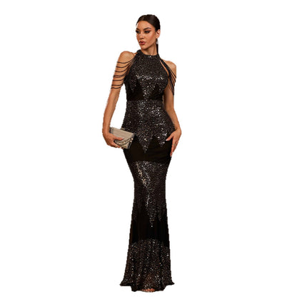 Halter Sequin Beads Slim-Fit Evening Dress – Elegant Style