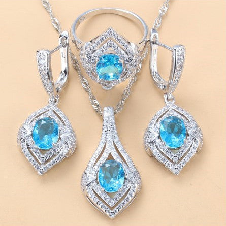 Gem-inlaid Pendant Earrings Necklace Ring Set – Perfect for Ladies