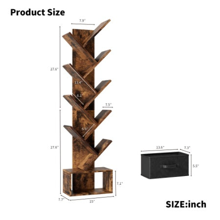 9 Tier Tree Bookshelf with Drawer for Home Office Storage