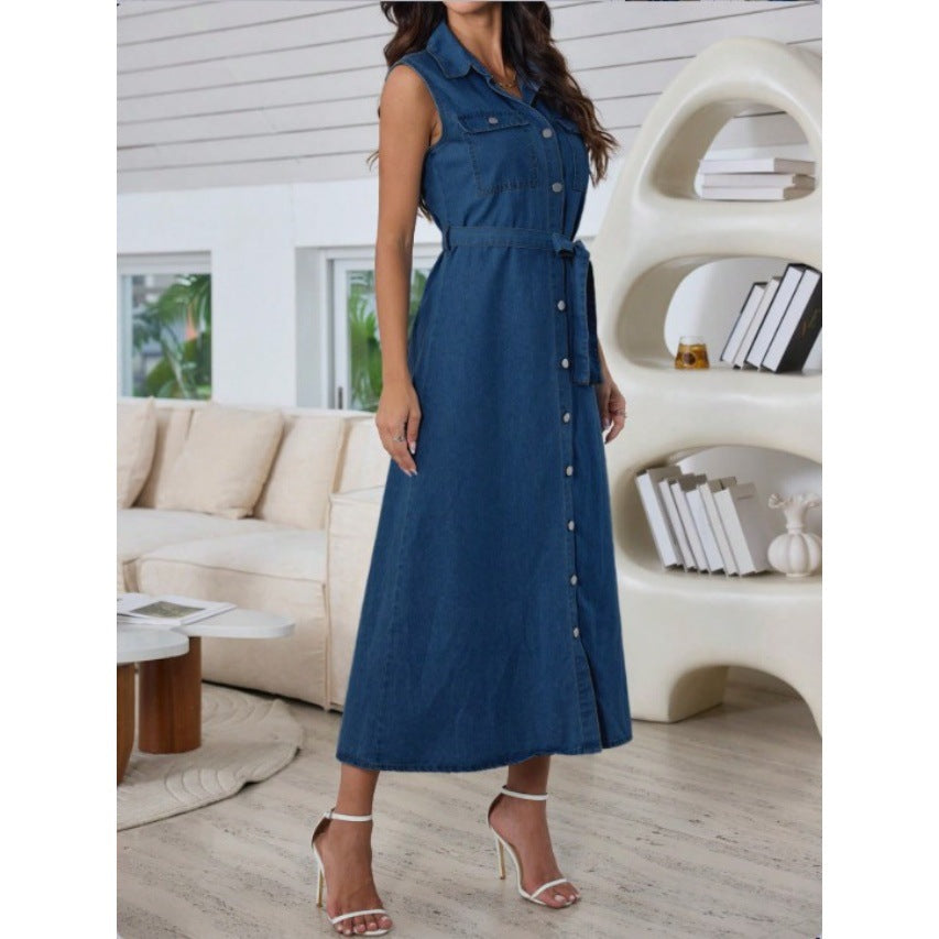 Classic Women's Denim Dress with Belt and Front Button Design