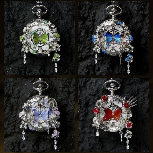 Couples Teal  Green Butterfly Animated Pocket Watch  Romantic