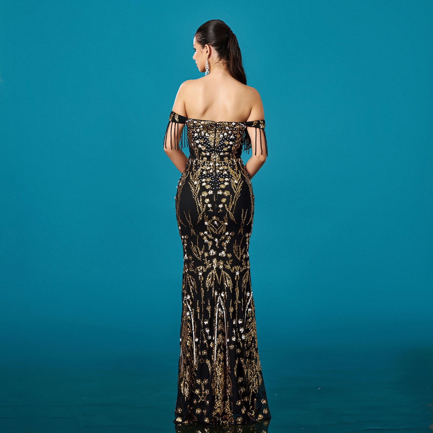 Off-Neck Tassel Sequined Fishtail Evening Dress for Banquet