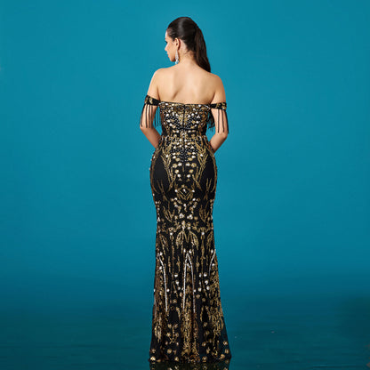 Off-Neck Tassel Sequined Fishtail Evening Dress for Banquet