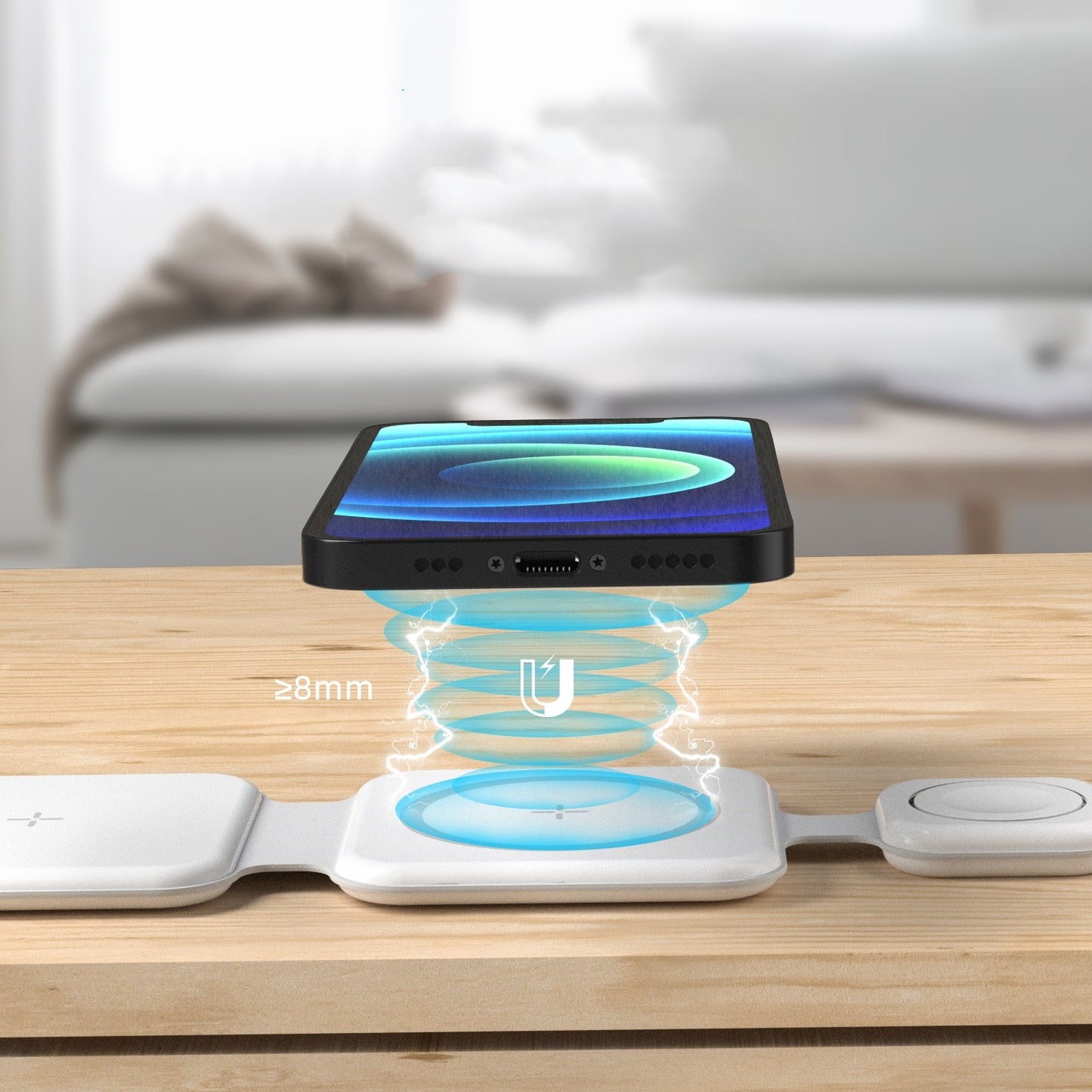 3-in-1 foldable wireless charger with phone, watch, and earbuds on a wooden surface. Global swanky 4