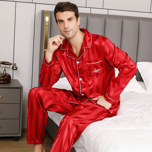 Mens Solid-Color Striped Long-Sleeve & Long-Pant Loungewear