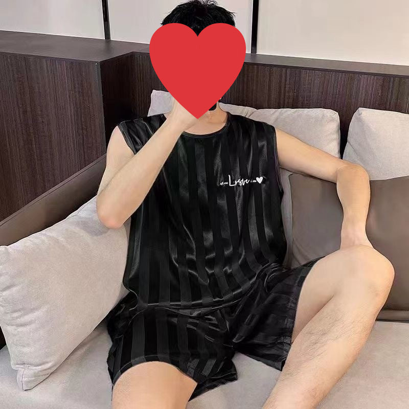 Buy Men’s Summer Ice Silk Pajamas Vest Shorts Sleepwear Set